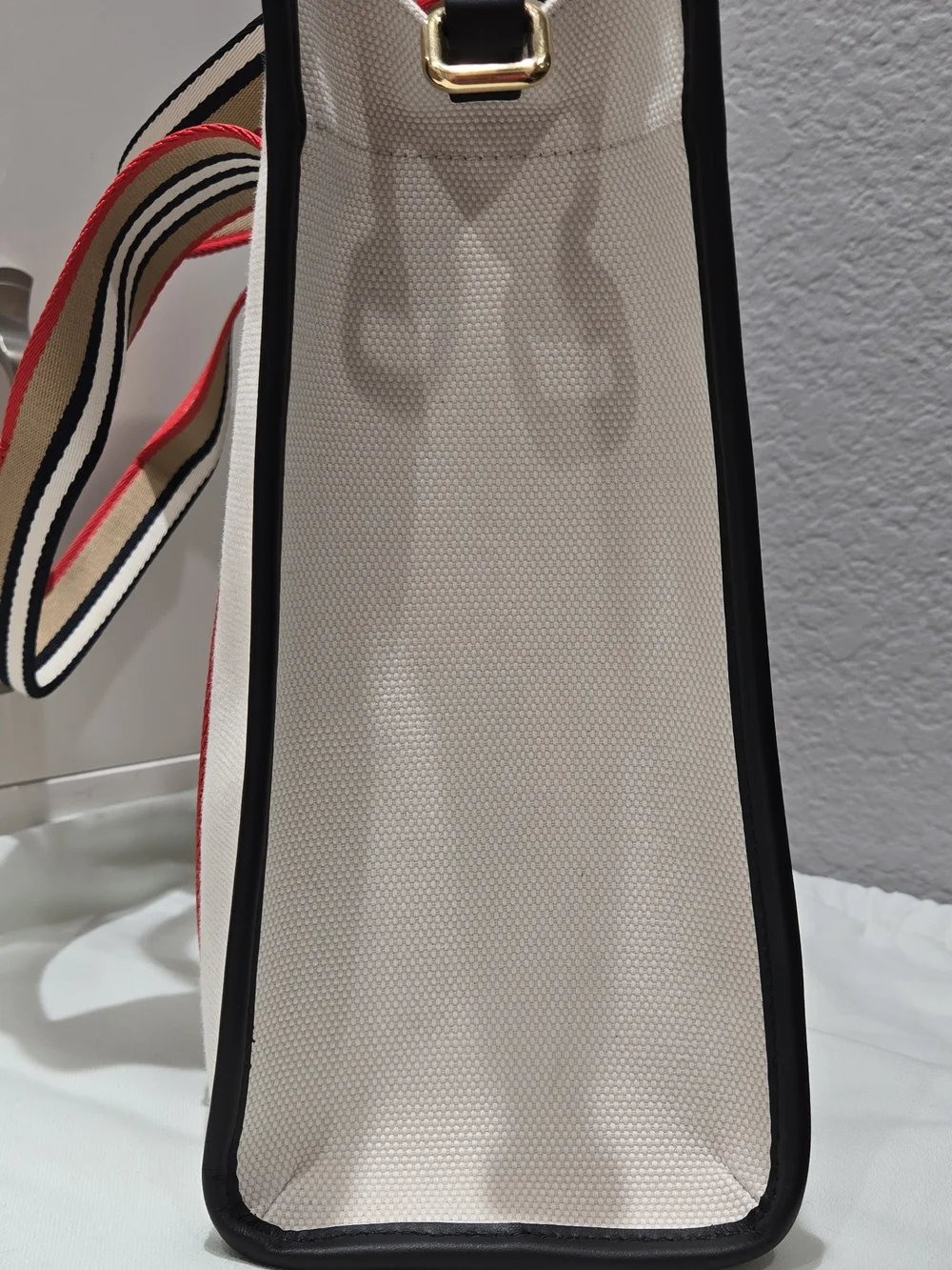 Burberry Canvas Icon Tote in Beige with Black Leather Trim